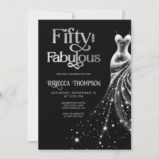 Fifty Fabulous Silver Dress Black 50th Birthday Einladung (Vorderseite)