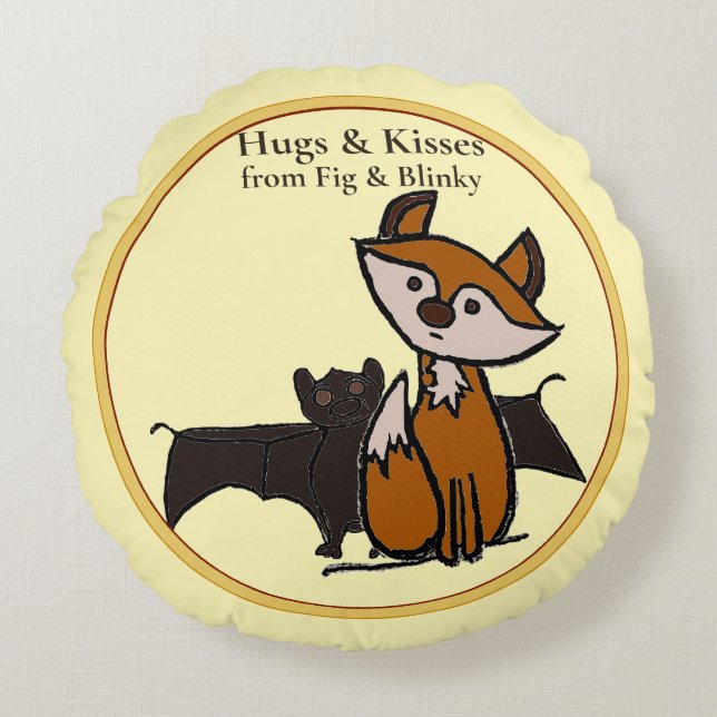 Fig & Blinky Hugs and Kisses yellow Round Pillow Rundes Kissen (Vorderseite)