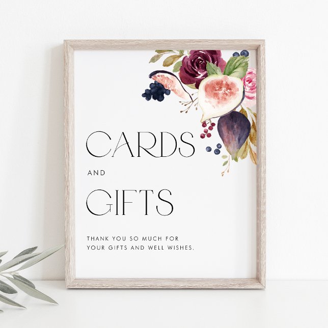 Figes and Berry Floral Wedding Cards and Gifts Poster (Watercolor cards and gifts sign with watercolor figs, berries and flowers. Perfect for fall events.)