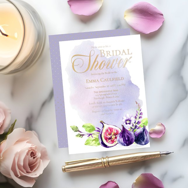 Figs Boho Lila Lavender Floral Brautparty Folieneinladung (Boho Figs and Floral Purple and Lavender Bridal Shower Gold Foil Invitation)