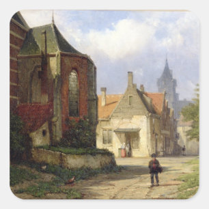 Figur before a Redbrick Church in a Dutch Town (o Quadratischer Aufkleber