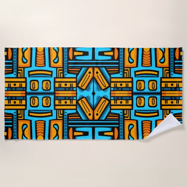 Figurative Abstrakt Bold Blue Orange Strandtuch (Vorderseite)