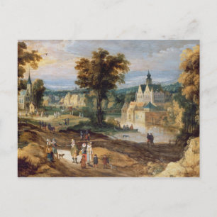 Figuren in einer Landschaft mit Dorf- und Burgstra Postkarte