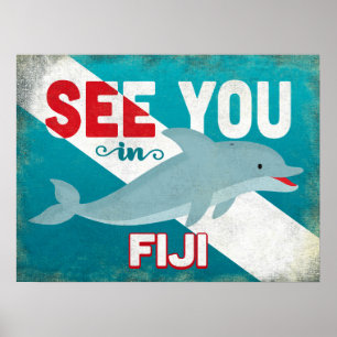 Fiji Dolphin - Retro Vintage Travel Poster