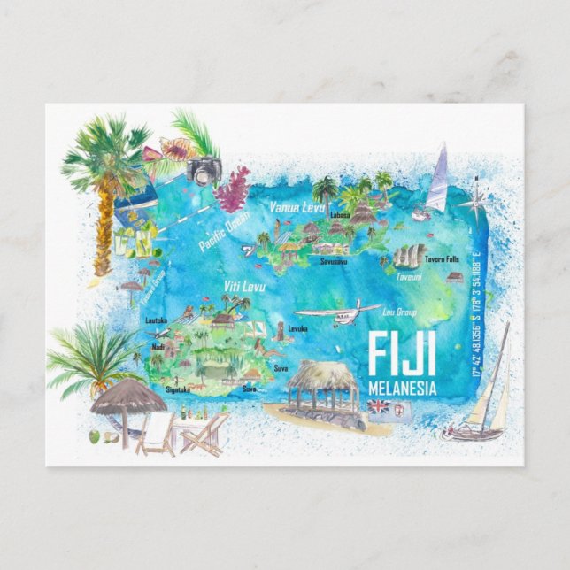 Fiji Illustriert Polynesien Insel Reiseplan Postkarte (Vorderseite)