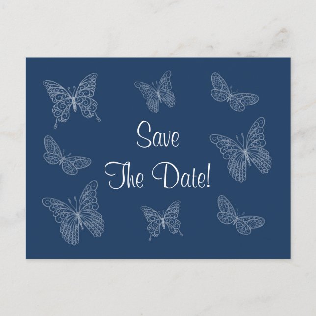 Filigree Butterfly Save the Date Postkarte in Aqua (Vorderseite)