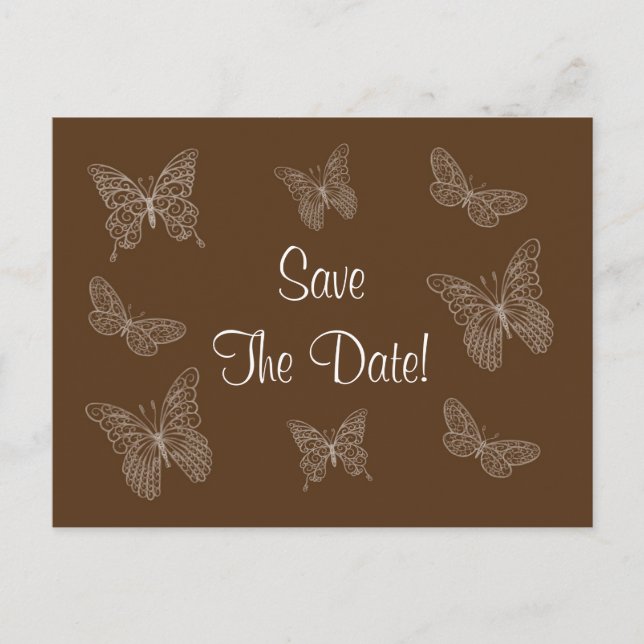 Filigree Butterfly Save the Date Postkarte in Brau (Vorderseite)