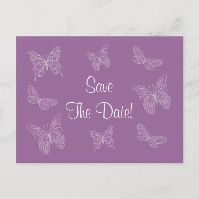 Filigree Butterfly Save the Date Postkarte (Lila) (Vorderseite)