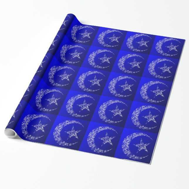 Filigree Crescent Moon und Stern auf blau Geschenkpapier (Ungerollt)