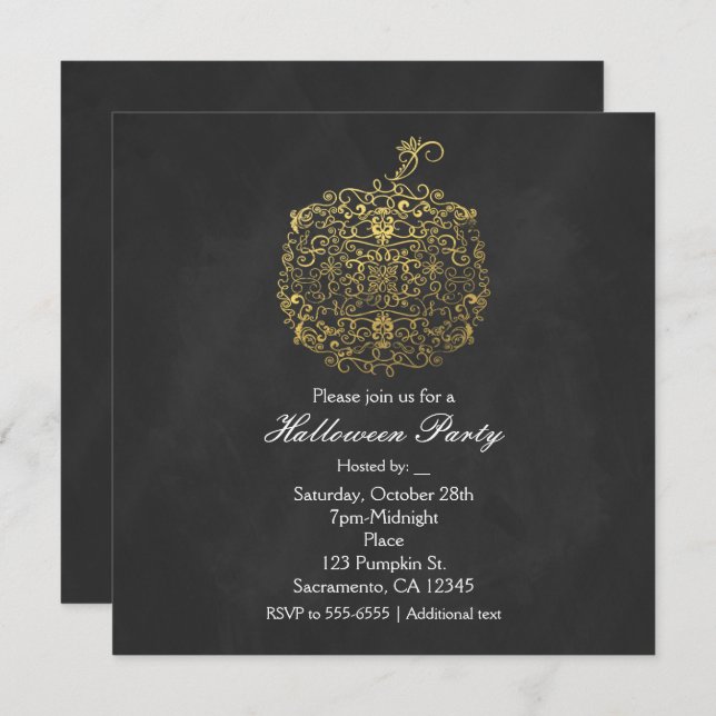 Filigree Elegante Gold Pumpkin Herbst Party Einladung (Vorne/Hinten)
