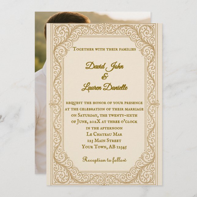 Filigree Fleur Foto Hochzeit Einladung (Vorne/Hinten)