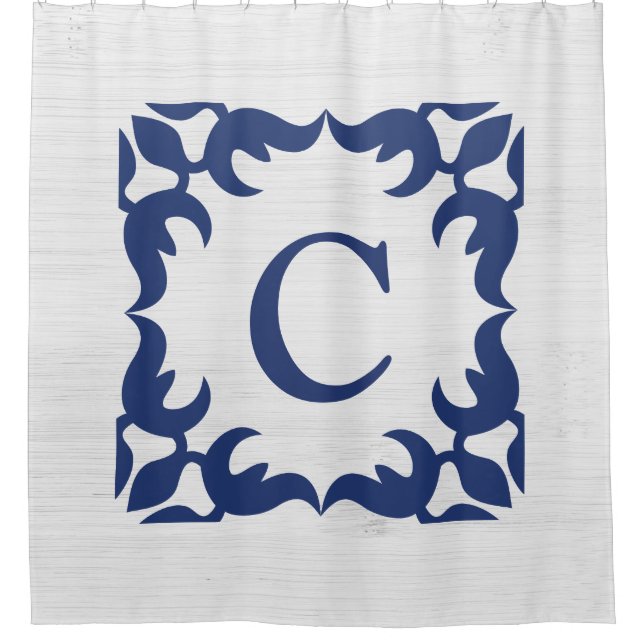 Filigree Gerahmte Monogramm in Navy Blue Duschvorhang (Vorderseite)