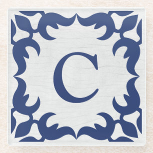 Filigree Gerahmte Monogramm in Navy Blue Glasuntersetzer