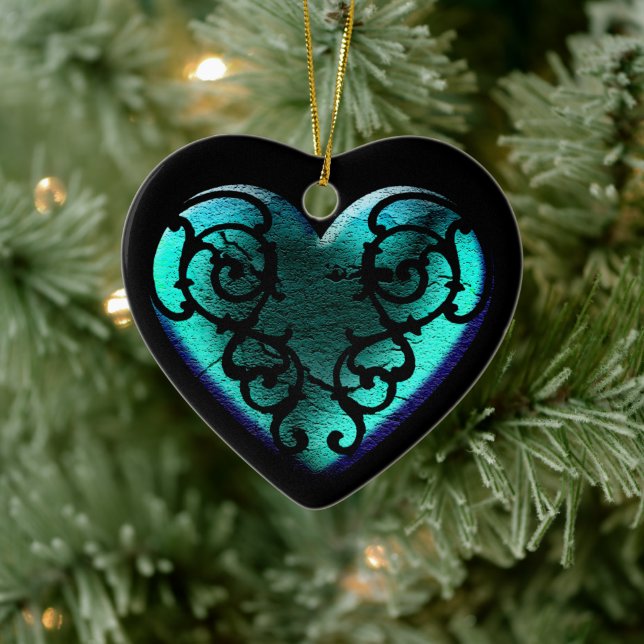 Filigree Goth Ice Blue Herz Keramik Ornament (Baum)