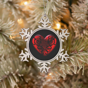 Filigree Goth Red Heart Schneeflocken Zinn-Ornament