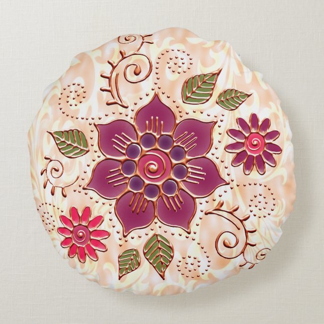 Filigree Kreis mit Blume Rundes Kissen (Rückseite)