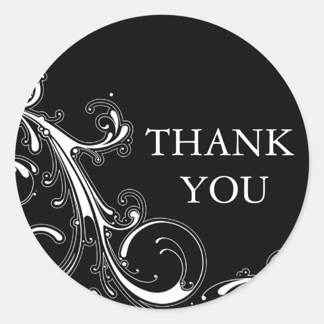 Filigree Swirl Black mit Weiß Danke Runder Aufkleber (Vorderseite)