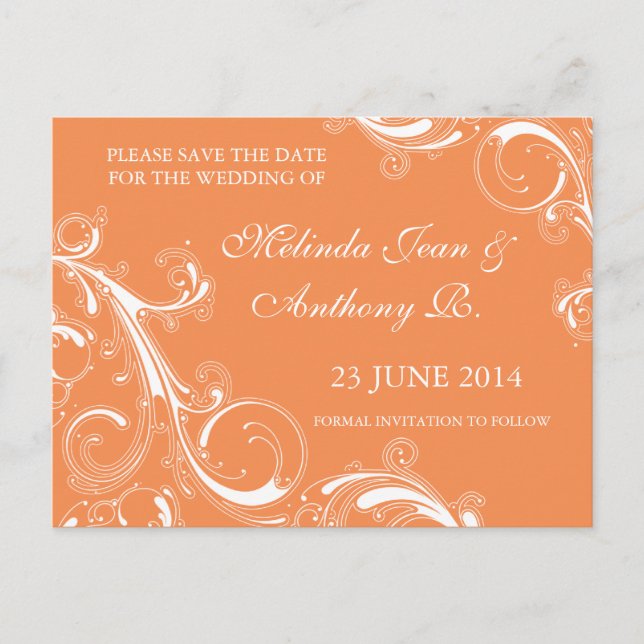 Filigree Swirl Orange Save the Date Ankündigungspostkarte (Vorderseite)