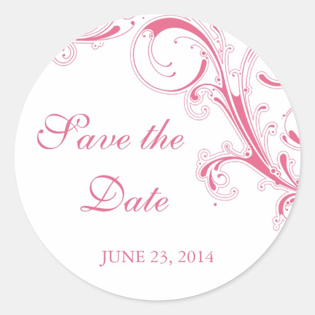 Filigree Swirl Pink Save the Date Runder Aufkleber (Vorderseite)