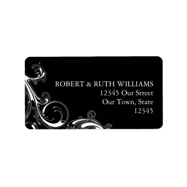 Filigree Swirl Schwarz mit Weiß Adressaufkleber (Vorne)