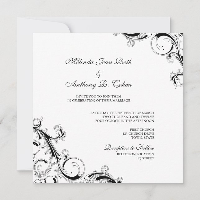 Filigree Swirl White w/Black Square Wedding Einladung (Vorderseite)