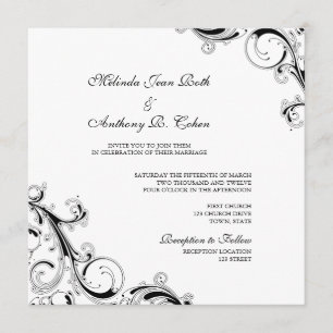 Filigree Swirl White w/Black Square Wedding Einladung