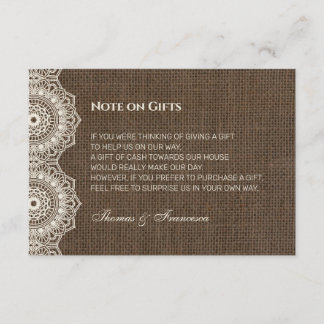 Filipiniana Lace auf Burlap Wedding Gift Guide Car Begleitkarte