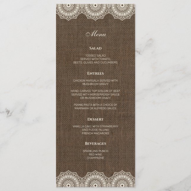 Filipiniana Lace on Burlap Wedding Menu Card Menükarte (Vorderseite)