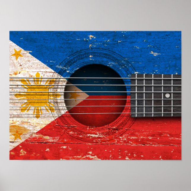 Filipino-Flagge auf der alten akustischen Gitarre Poster (Vorne)