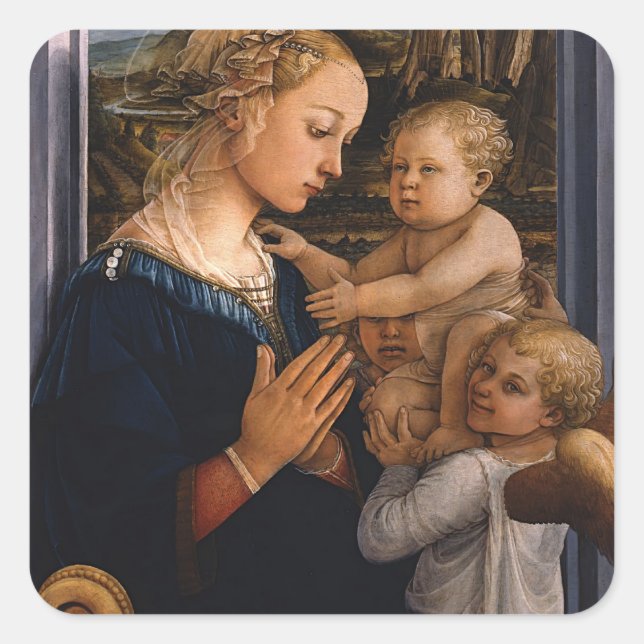 Filippo Lippi - Madonna und Kind mit zwei Engeln Quadratischer Aufkleber (Vorderseite)