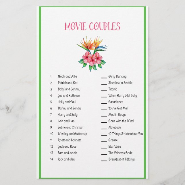 Film-Paar-zusammenpassendes Spiel-tropisches Thema Briefpapier (Vorderseite)