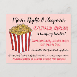 Filmabend Sleepover Popcorn Geburtstagsparty Einladungspostkarte