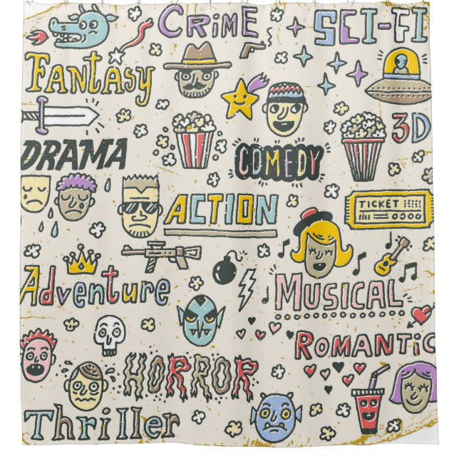 Filmgenres: Fernsehshows Doodle Set Duschvorhang (Vorderseite)
