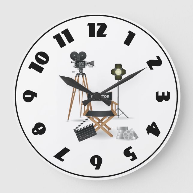 Filmregisseursessel und Vintage-Filmkamera-Set Große Wanduhr (Vorderseite)