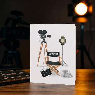 Filmregisseursessel und Vintage-Filmkamera-Set Karte