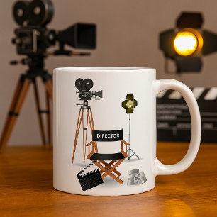 Filmregisseursessel und Vintage-Filmkamera-Set Tasse