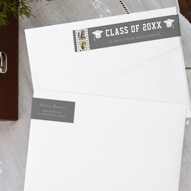 Filmstrip Foto Collage Abschluss Adresse | Grau (Gray Filmstrip Photo Collage Graduation Wrap Around Address Label)