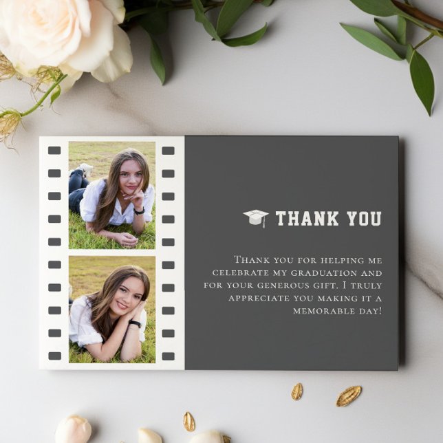Filmstrip Foto Collage Abschluss | Grau Dankeskarte (Gray Filmstrip Photo Collage Graduation Thank You Cards)