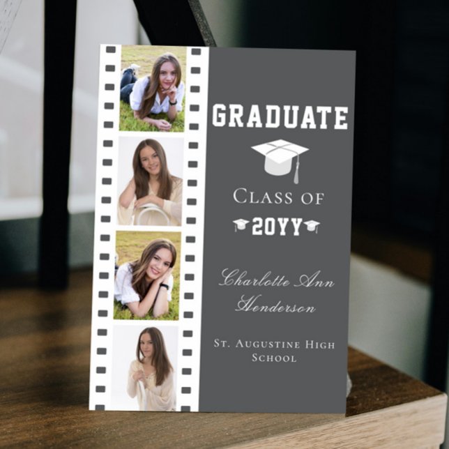 Filmstrip Vier Fotocollage Abschluss | Grau Einladung (Gray Filmstrip Four Photo Collage Graduation Announcement Invitation)