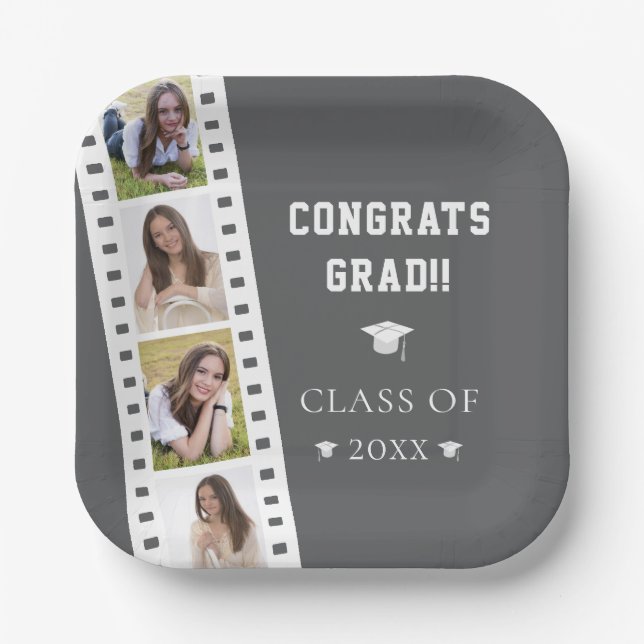 Filmstrip Vier Fotocollage Abschluss | Grau Pappteller (Vorderseite)
