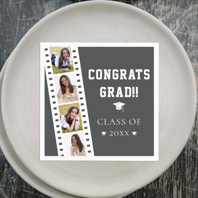 Filmstrip Vier Fotocollage Abschluss | Grau Serviette (Gray Filmstrip Four Photo Collage Graduation Party Napkins)