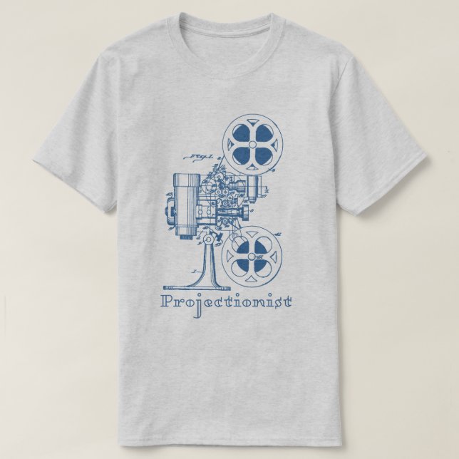 Filmvorführer-T - Shirt (blauer Entwurf) (Design vorne)