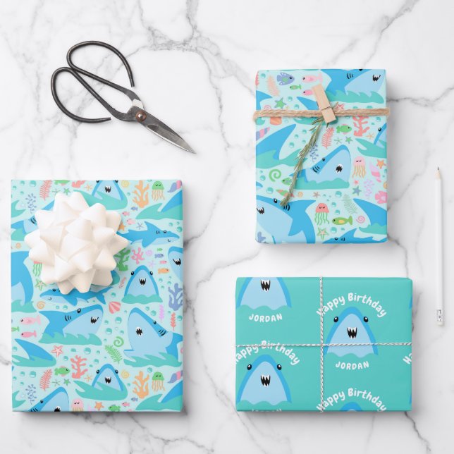 Fin-tastic Hai Geburtstagsparty Kinder unter dem M Geschenkpapier Set (Vorderseite)