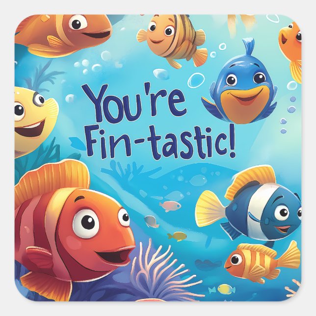 Fin-tastic Kid Friendly Valentine's Day Quadratischer Aufkleber (Vorderseite)