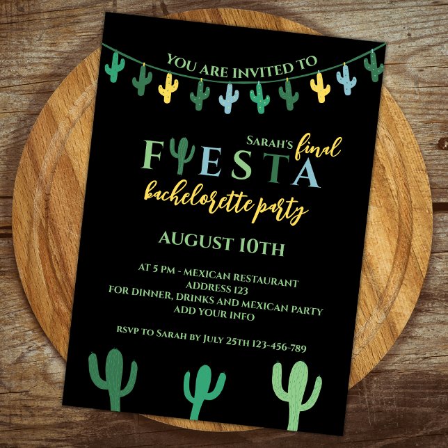 Final Fiesta Cactus Vibrant Bachelorette Party Einladung (Final fiesta cactus mexican bachelorette party invitation vibrant green and yellow bach party)