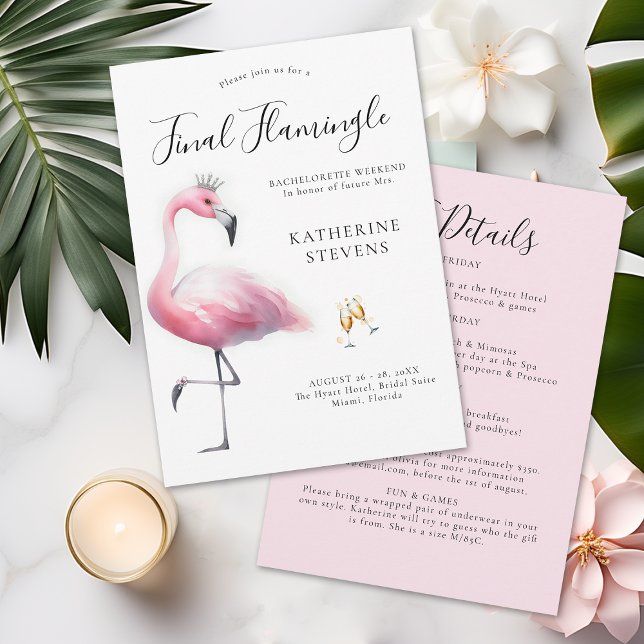 Final Flamingle Fun Junggeselinnen-Abschied Itiner Einladung (final flamingle bachelorette party invitation itinerary invite tropical pink flamingo tiara fun cute)