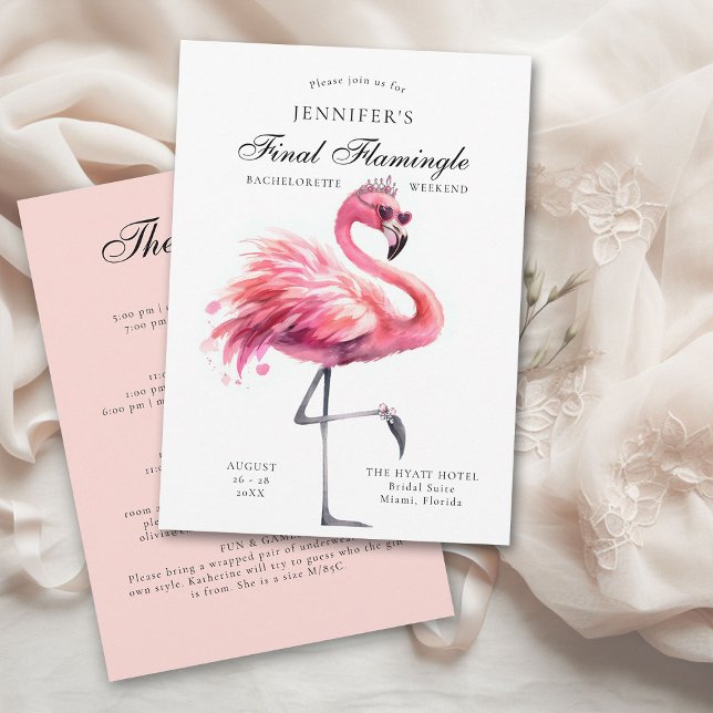 Final Flamingle Funny Junggeselinnen-Abschied Itin Einladung (final flamingle bachelorette party invitation itinerary pink flamingo tropical fun funny watercolor )
