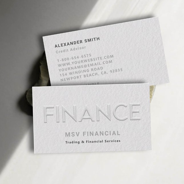 Finance Imitats mit moderner Beruflicher Minimalau Visitenkarte (dealer trader financial finance business card faux embossed black white professional sleek)