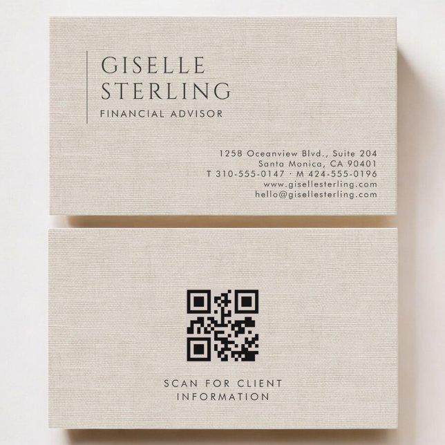 Financial Advisor Luxury Neutral Linen QR Code Visitenkarte (Von Creator hochgeladen)
