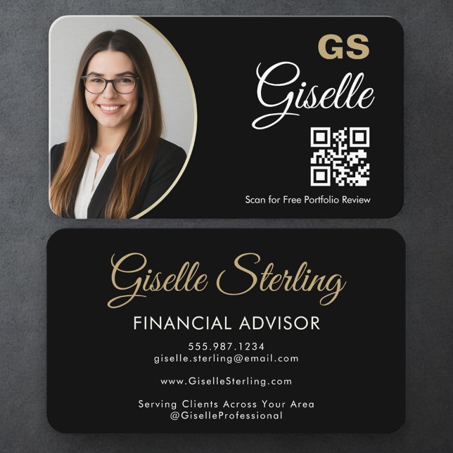Finanzagent QR-Code Foto Schwarz Gold Visitenkarte (Von Creator hochgeladen)